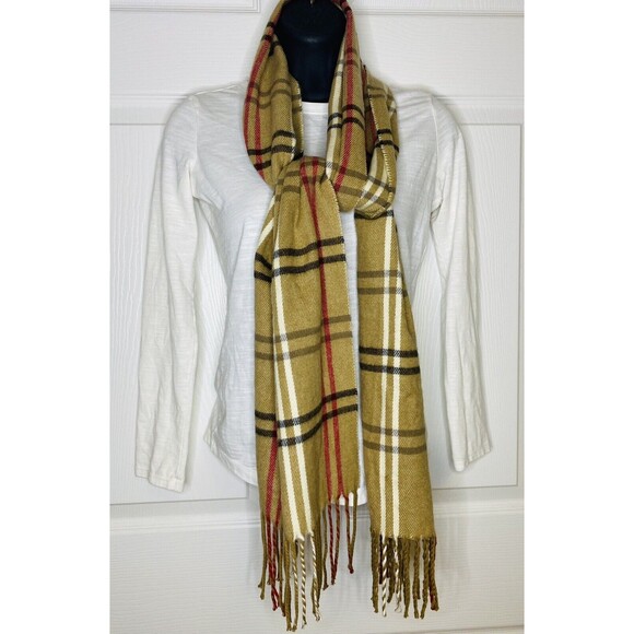 Cejon Accessories - Cejon Scarf Made in Italy 11''x 57'' Fringe Brown Plaid Black Cream Red Tartan